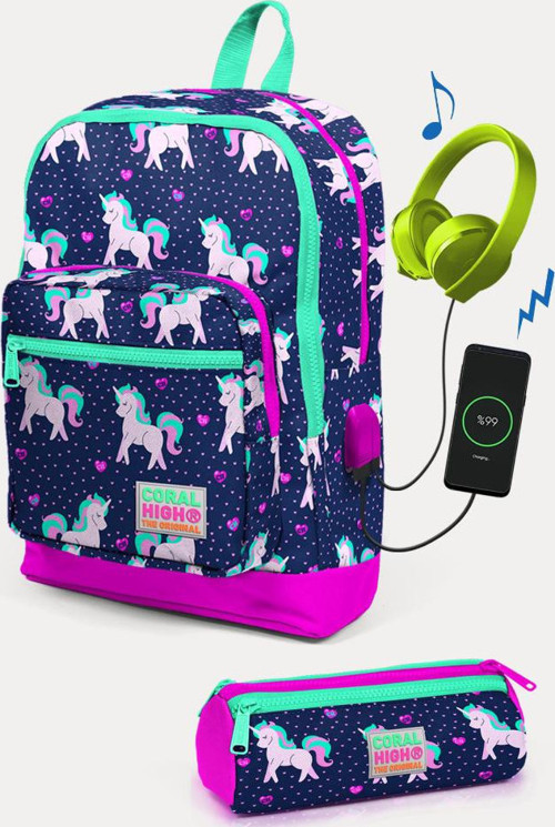 Kids Lacivert Pembe Unicorn Desenli USB'li 2'li Okul Çanta Seti SET0223270