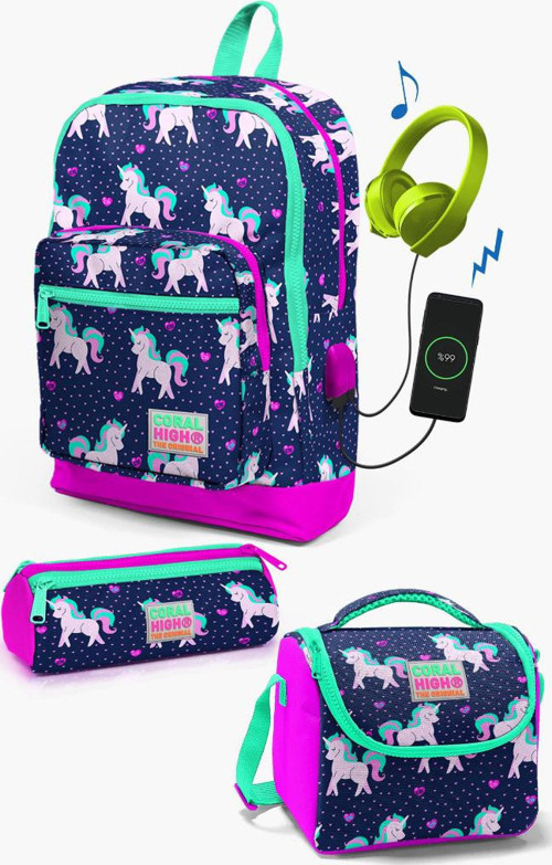 Kids Lacivert Pembe Unicorn Desenli USB'li 3’lü Okul Çanta Seti SET0123270
