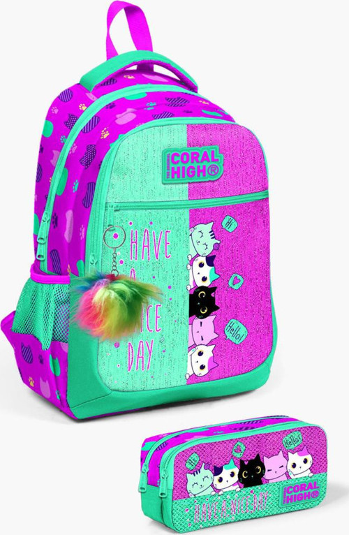 Kids Pembe Su Yeşili Kedi Desenli 2'li Okul Çanta Seti SET0223490