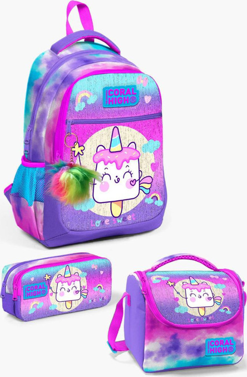 Kids Renkli Batik Unicorn Dondurma Desenli 3’lü Okul Çanta Seti SET0123480