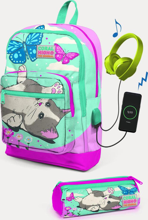 Kids Su Yeşili Pembe Kedi Desenli USB'li 2'li Okul Çanta Seti SET0223807
