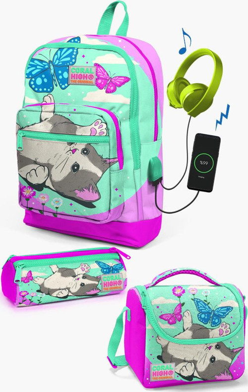 Kids Su Yeşili Pembe Kedi Desenli USB'li 3’lü Okul Çanta Seti SET0123807