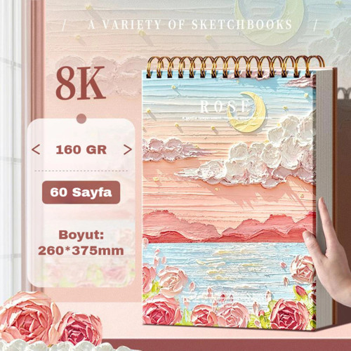 8K 160 Gr Kağıt Aydan Çiçek Temalı Spiral 60 Sayfa Profesyonel Çizim Defteri