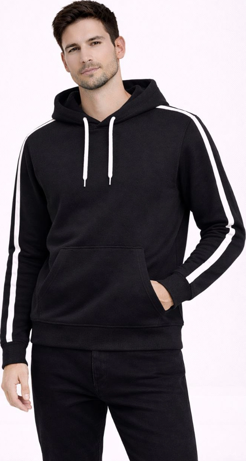 Erkek Şeritli Kapüşonlu Sweatshirt Oversize 3 iplik Pamuklu - Siyah