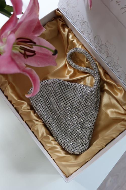 silver taşlı üçgen form abiye el çantası