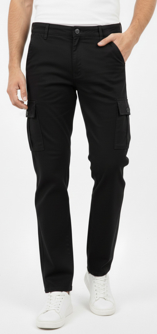 Erkek Siyah Rahat Kesim Likralı Kot Kargo Pantolon Yandan Cepli Dört Mevsim 2600001