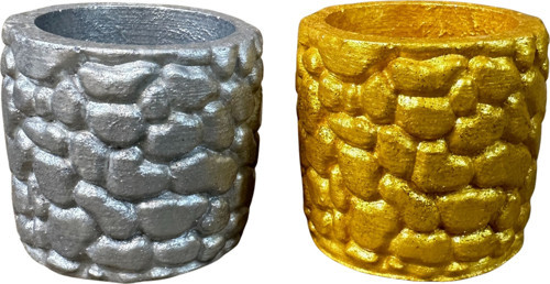 - Ayşe 7362 3226 El Yapımı Taş Motifli Simli Gümüş ve Gold 2'Li Dekor Saksısı - 6 x 7 cm