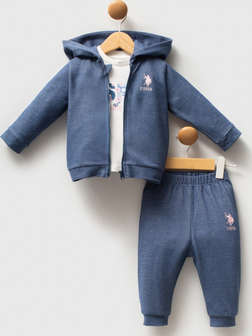 US POLO KIZ KAPÜŞONLU SWEATSHIR BASKILI BODY 3LÜ ALT ÜST TAKIM - 2778US - Mavi - 36 Ay Mavi