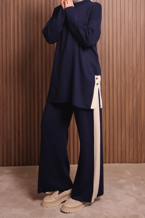 Kadın Oversize Düz Dokuma Yırtmaçlı Tesettür Triko Takım 1136