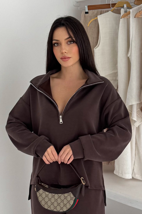 Premium Modal Kumaş Yarım Fermuar Kadın Sweatshirt 1114