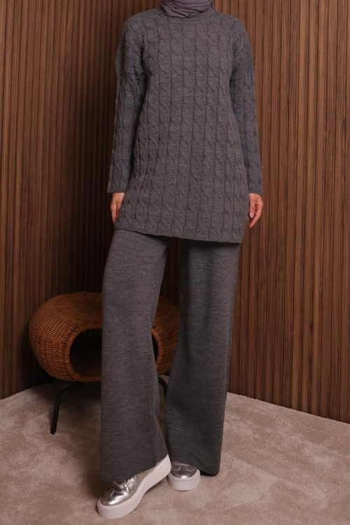 Kadın Oversize Saç Örgü Desen Pantolonlu Tesettür Triko Takım 1135