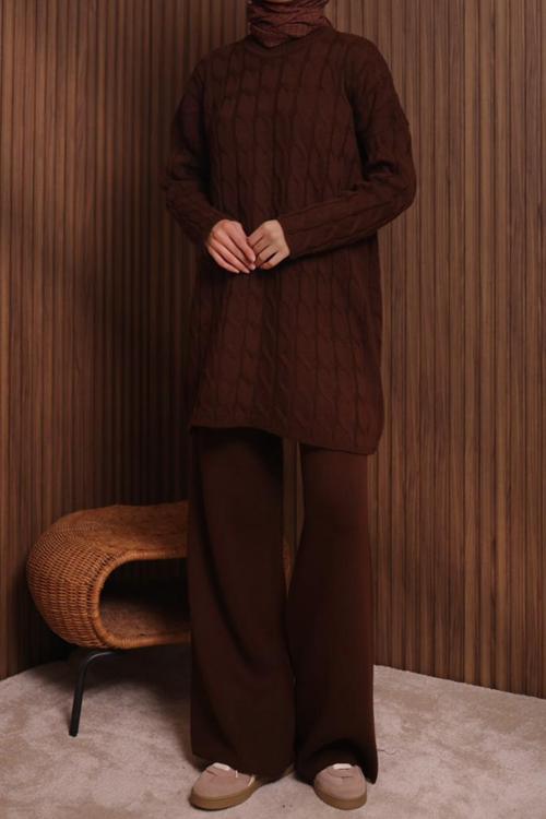 Kadın Oversize Saç Örgü Desen Pantolonlu Tesettür Triko Takım 1135