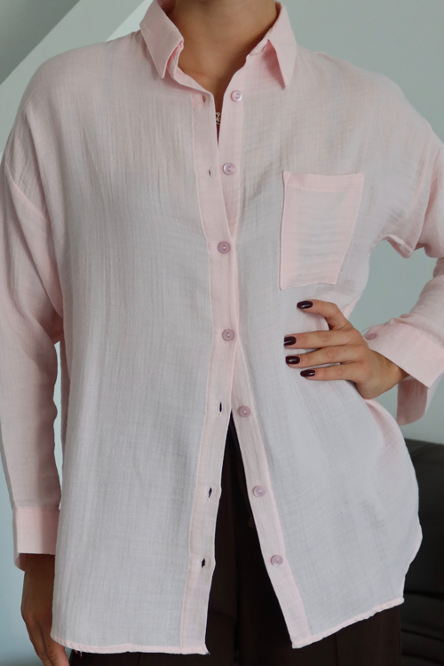 Kadın Cepli Oversize Düz Renk Müslin Gömlek 1095