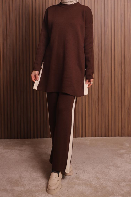 Kadın Oversize Düz Dokuma Yırtmaçlı Tesettür Triko Takım 1136