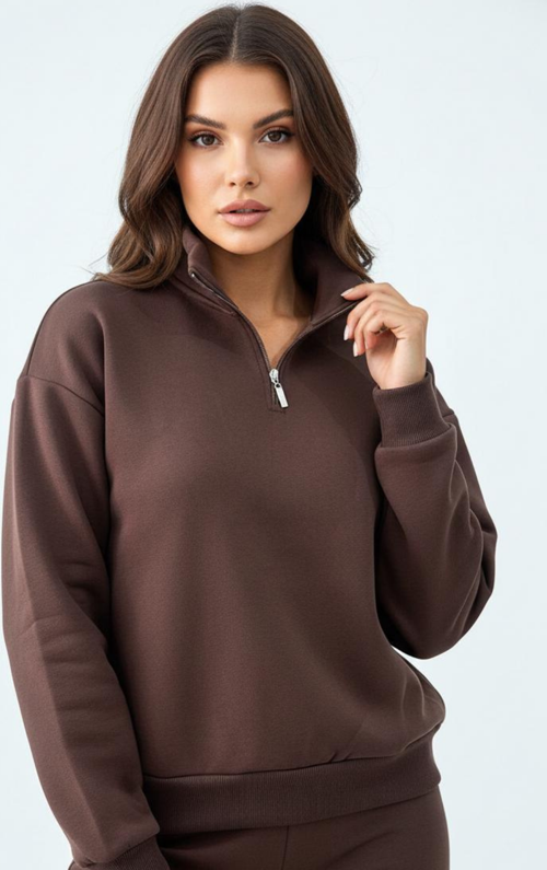 Kadın 3 İplik İçi Polarlı Yarım Fermuarlı Oversize Sweatshirt 1112