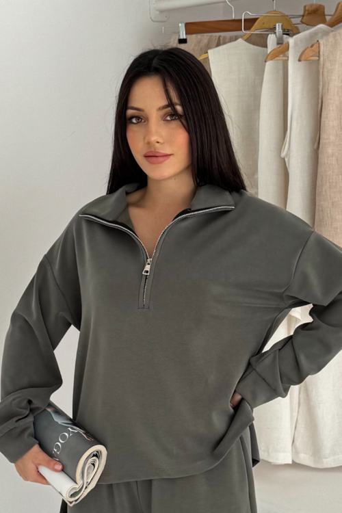 Premium Modal Kumaş Yarım Fermuar Kadın Sweatshirt 1114