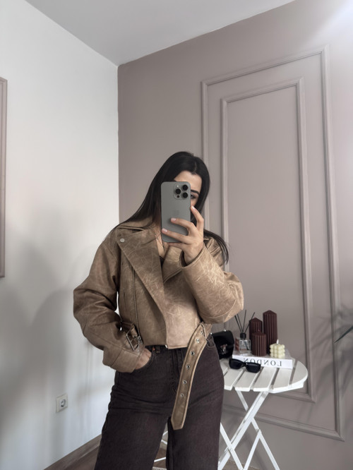 Kruvaze Deri Krem Ceket