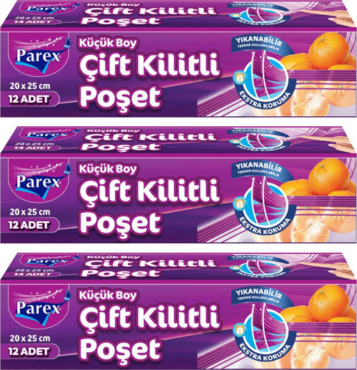 Çift Kilitli Buzdolabı Poşeti 12'li Küçük Boy 20 x 25 cm Üçlü Paket