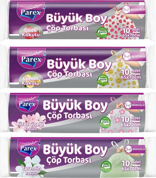 Büyük Boy Büzgülü Çöp Torbası Paketi Çilek, Limon, Yasemin ve Kiraz Çiçeği Kokulu