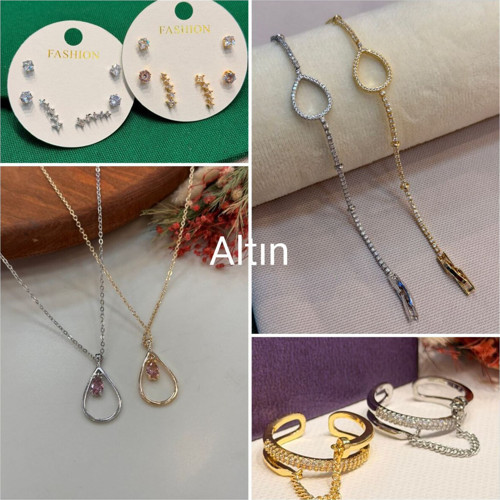 Pirinç Malzeme Zirkon Taşlı Takı Seti (Küpe Seti+Kolye+Bileklik+Yüzük)