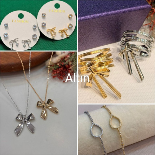 Pirinç Malzeme Zirkon Taşlı Takı Seti (Küpe Seti+Kolye+Bileklik+Yüzük)
