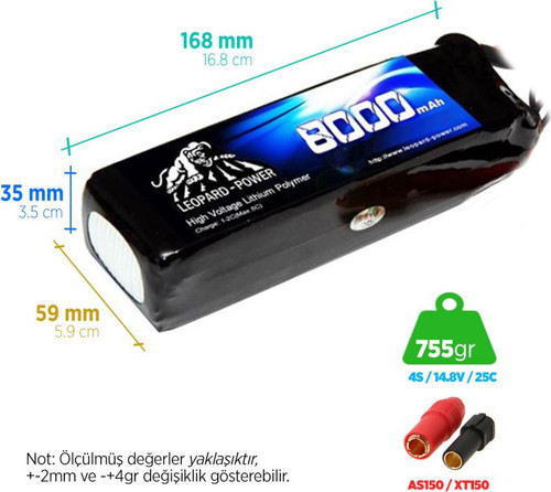 8000 mAh 14.8V 4S 25C UAV/Multirotor/Drone Şarjlı Li-Po Lityum Polimer Lipo Batarya Pil