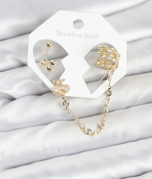 Kiraz Model Pirinç Gold Renk Zincir Bağlantılı Ear Cuff Küpe Seti