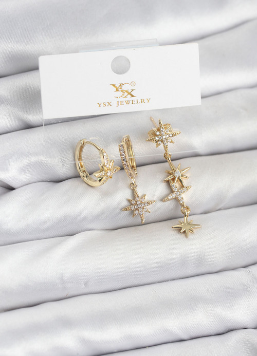 Pirinç Gold Renk Zirkon Taşlı Kutup Yıldızı Model YSX Trio Küpe Seti