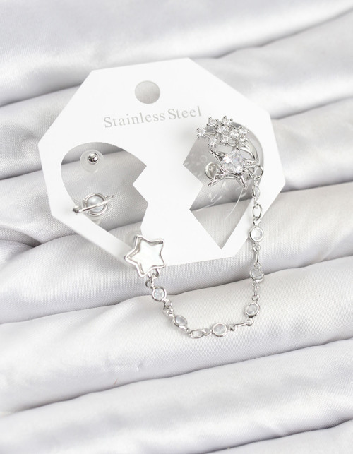 Pirinç Gümüş Renk Yıldız Model Zincir Bağlantılı Ear Cuff Küpe Seti