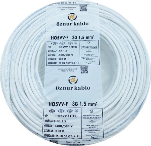 ÖZNUR 20MT 3X1,5MM TTR BAKIR ELEKTRİK KABLOSU BEYAZ