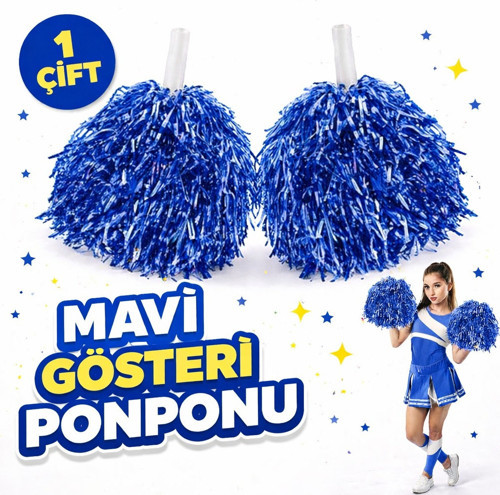 1 Çift ( 2 Adet ) Mavi Renk 23 Nisan 19 Mayıs 29 Ekim Okul Gösteri Ponponları Ekstra Dolgun