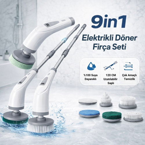 9in1 Şarjlı Döner Temizlik Fırçası – 120 cm Uzatılabilir Saplı,Suya Dayanıklı Çok Amaçlı Temizlik Seti