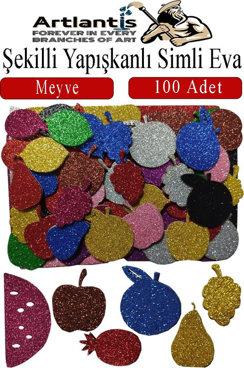 Şekilli Simli Eva Yapışkanlı Meyve 100 lü 1 Paket Kendinden Yapışkanlı Simli Eva Sticker Okul Öncesi Kreş Ana