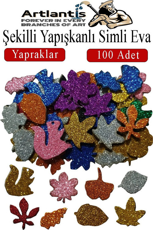 Şekilli Simli Eva Yapışkanlı Yapraklar 100 lü 1 Paket Kendinden Yapışkanlı Simli Eva Sticker Okul Öncesi Kreş Ana