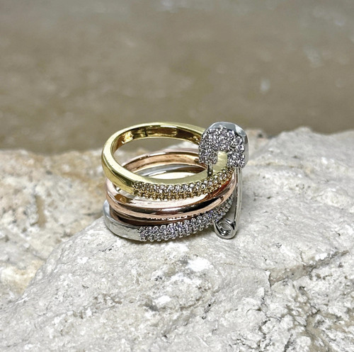 3'lü Silver-Gold-Rose Gold Taşlı Çengelli İğne Yüzük