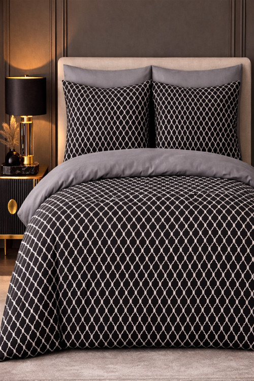 Çift Kişilik Yorgan Kılıfı + Yastık Kılıfı Motif Desen Siyah Beyaz
