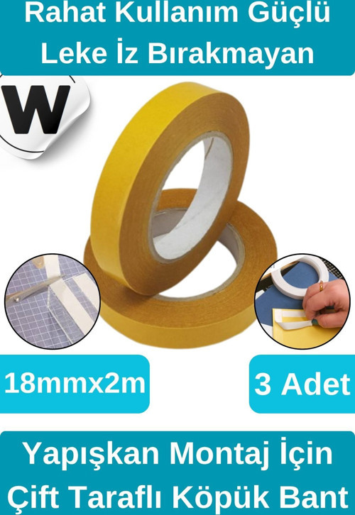 Kolay Kullanım İz Bırakmayan Su Sızdırmaz Yapışkan Montaj İçin Çift Taraflı Köpük Bant 2 mt 3 adet