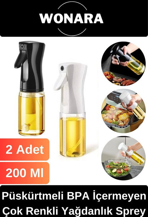 Püskürtmeli BPA İçermeyen Beyaz ve Siyah Plastik Fan Başlıklı Cam Şişe Yağdanlık Sprey 200 Ml