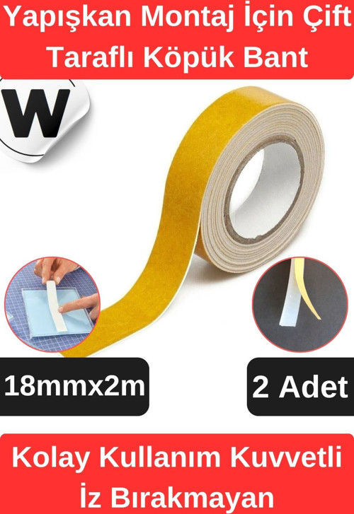 Premium İz Bırakmayan Su Sızdırmaz Yapışkan Montaj İçin Çift Taraflı Köpük Bant 2 mt 2 adet