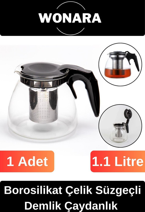 Özel Üretim Modern Isıya Dayanıklı Borosilikat Çaydanlık Bitki Çayı Çelik Süzgeçli Demlik 1.1 Lt