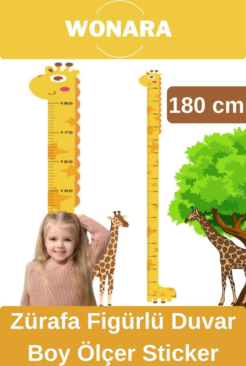 Özel Üretim Çocuk İçin Zürafa Figürlü Çift Taraflı Yapışkanlı Silinebilir Duvar Boy Ölçer Sticker