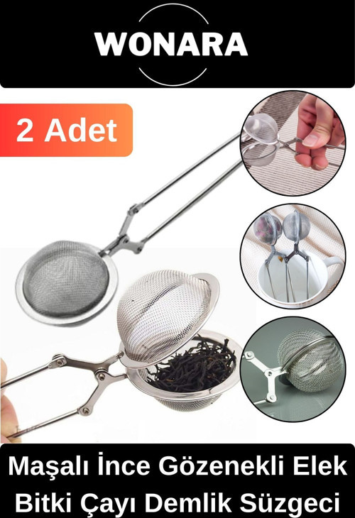 Özel Üretim Paslanmaz Çelik Maşalı İnce Gözenekli Elek Geniş Kulplu Bitki Çayı Demlik Süzgeci 2 Adet