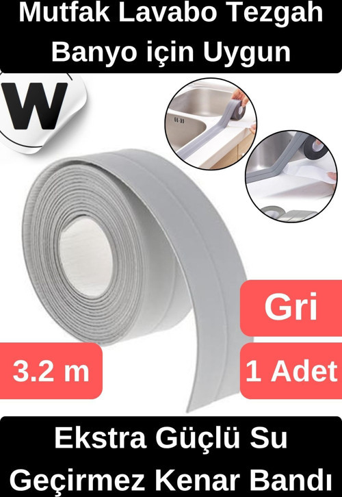 Premium Su Geçirmez Sızdırmaz Yalıtım Küf Banyo Mutfak Lavabo Gri Kenar Şerit Bant 3.2m 1 adet