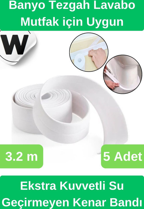 Deluxe Su Geçirmez Önleyici Yalıtım Küf Mutfak Banyo Lavabo Beyaz Kenar Şerit Bant 3.2m 5 adet