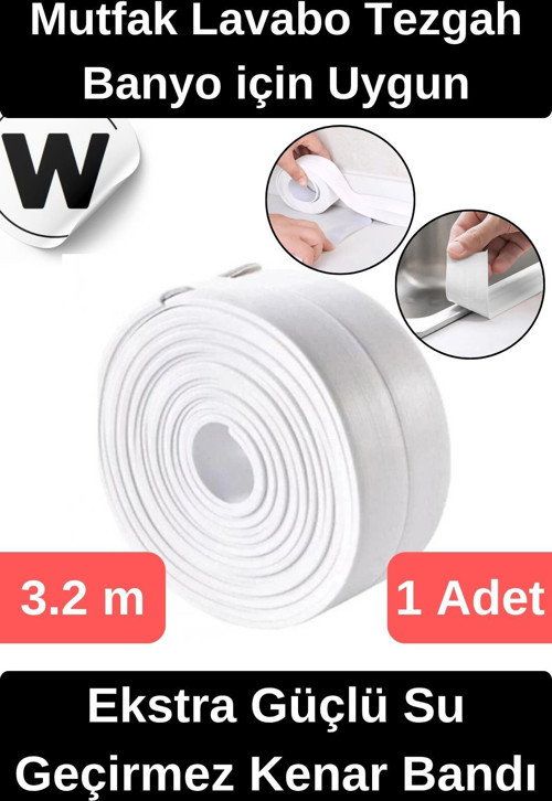 Premium Su Geçirmez Sızdırmaz Yalıtım Küf Banyo Mutfak Lavabo Beyaz Kenar Şerit Bant 3.2m 1 adet