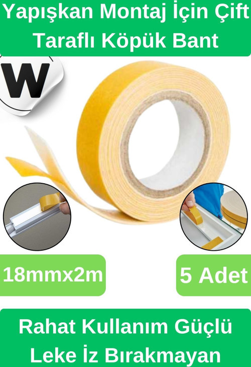 Premium İz Bırakmayan Su Sızdırmaz Yapışkan Montaj İçin Çift Taraflı Köpük Bant 2 mt 5 adet