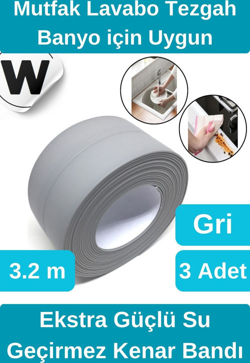 Premium Su Geçirmez Sızdırmaz Küf Yalıtım Banyo Mutfak Lavabo Gri Kenar Şerit Bant 3.2m 3 adet