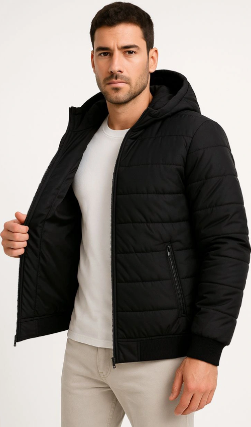 Velmora Premium Erkek Şişme Kapüşonlu Fermuarlı Mont Su itici Kapitone Astarlı Kumaş Cepli Kışlık Ra