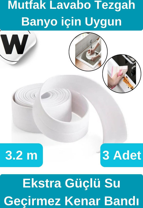 Premium Su Geçirmez Sızdırmaz Küf Yalıtım Banyo Mutfak Lavabo Beyaz Kenar Şerit Bant 3.2m 3 adet
