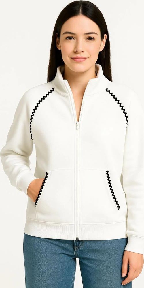 Velmora Premium Kadın Oversize Dik Yaka Fermuarlı Sweatshirt - Zincir Nakışli Kanguru Cepli, - Beyaz